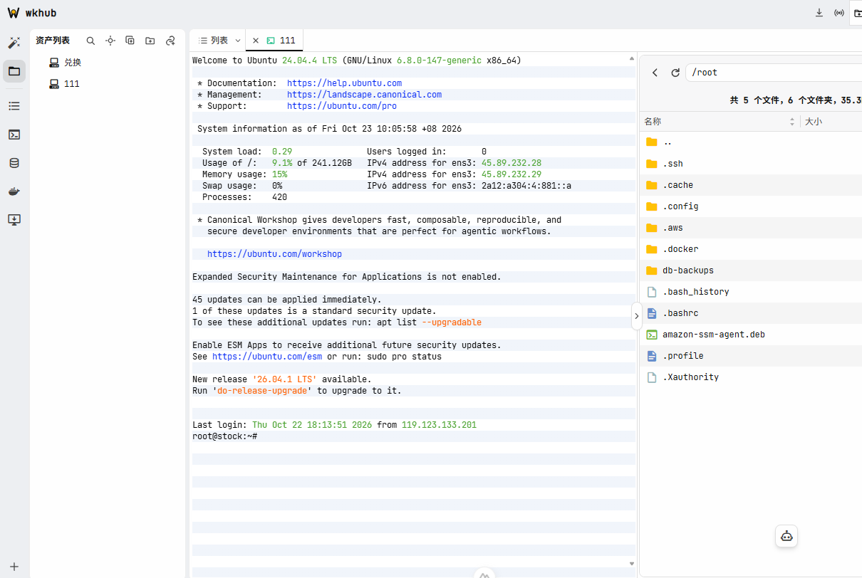 Wkhub 已连上 SSH：终端里是远程 Ubuntu 的登录信息，右侧是这台机器的目录